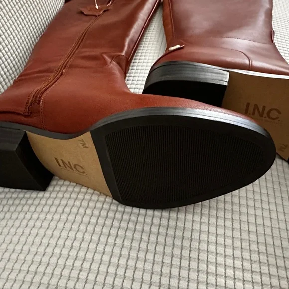 INC International Concepts Cognac Leather Knee-High Women's Riding Boots Aleah - Picture 8 of 13